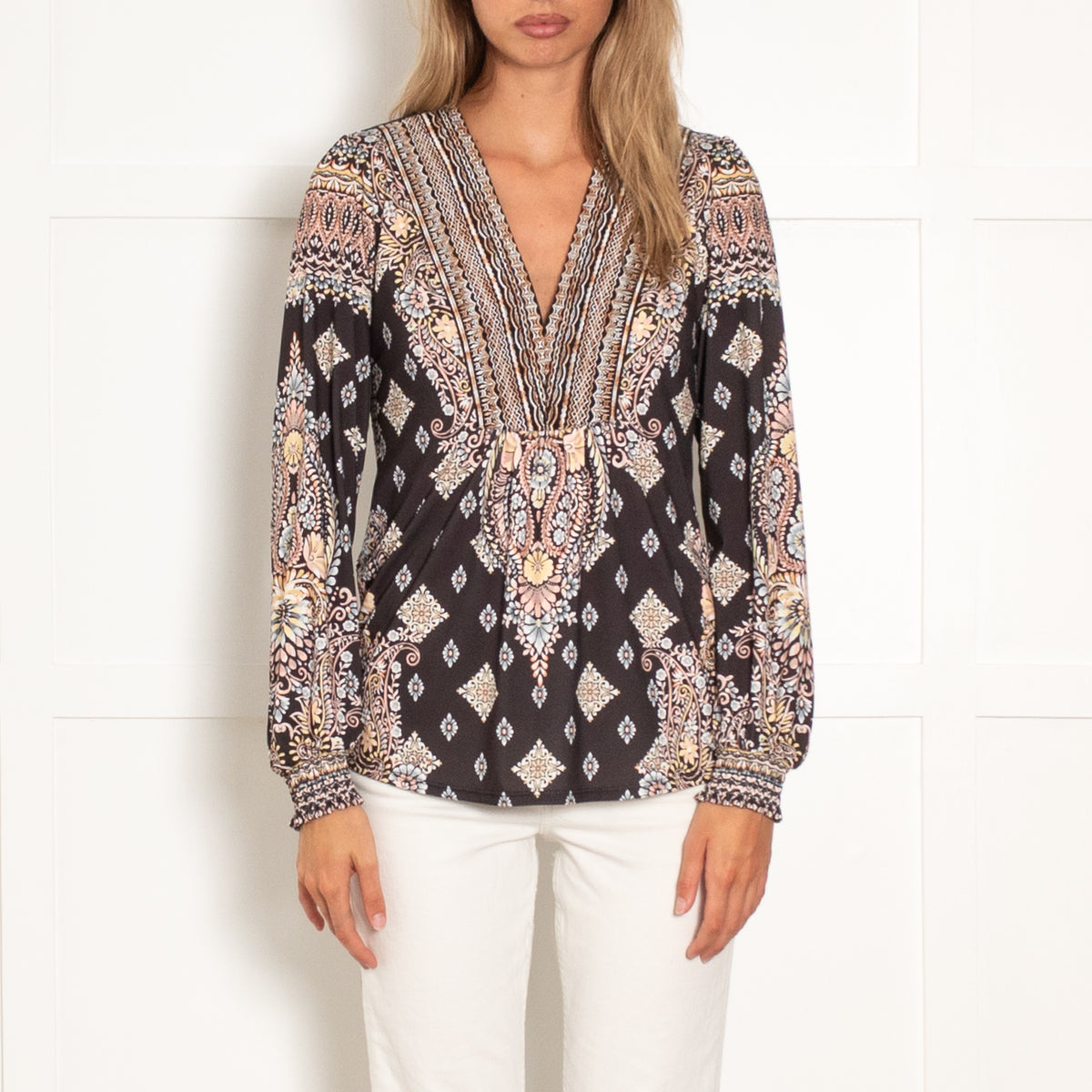 Hale Bob Black White Peach Floral Long Sleeve Top