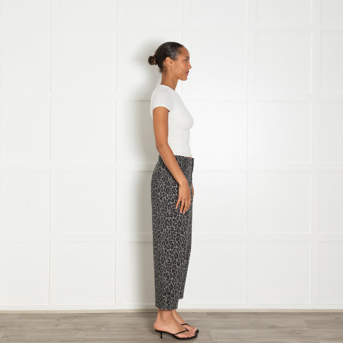 Wyse Grey Green Animal Print Denim Trousers