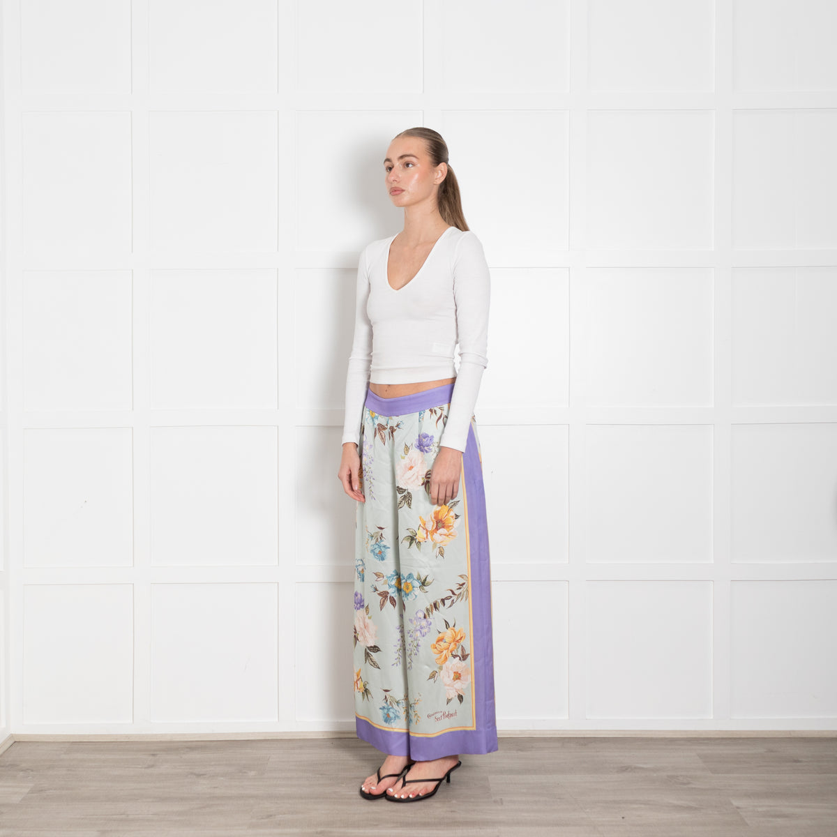 Self Portrait Purple Edge Light Turquoise Flower Mix Wide Trousers