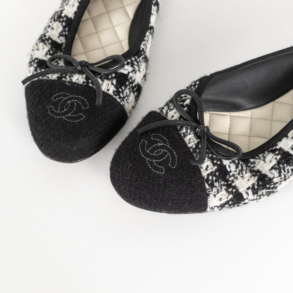 Chanel Black White CC Tweed Ballerinas