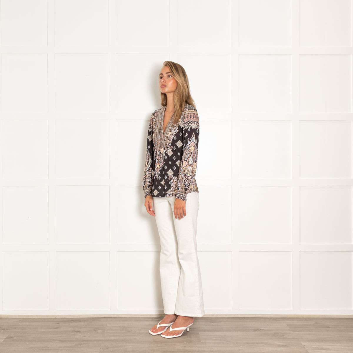 Hale Bob Black White Peach Floral Long Sleeve Top