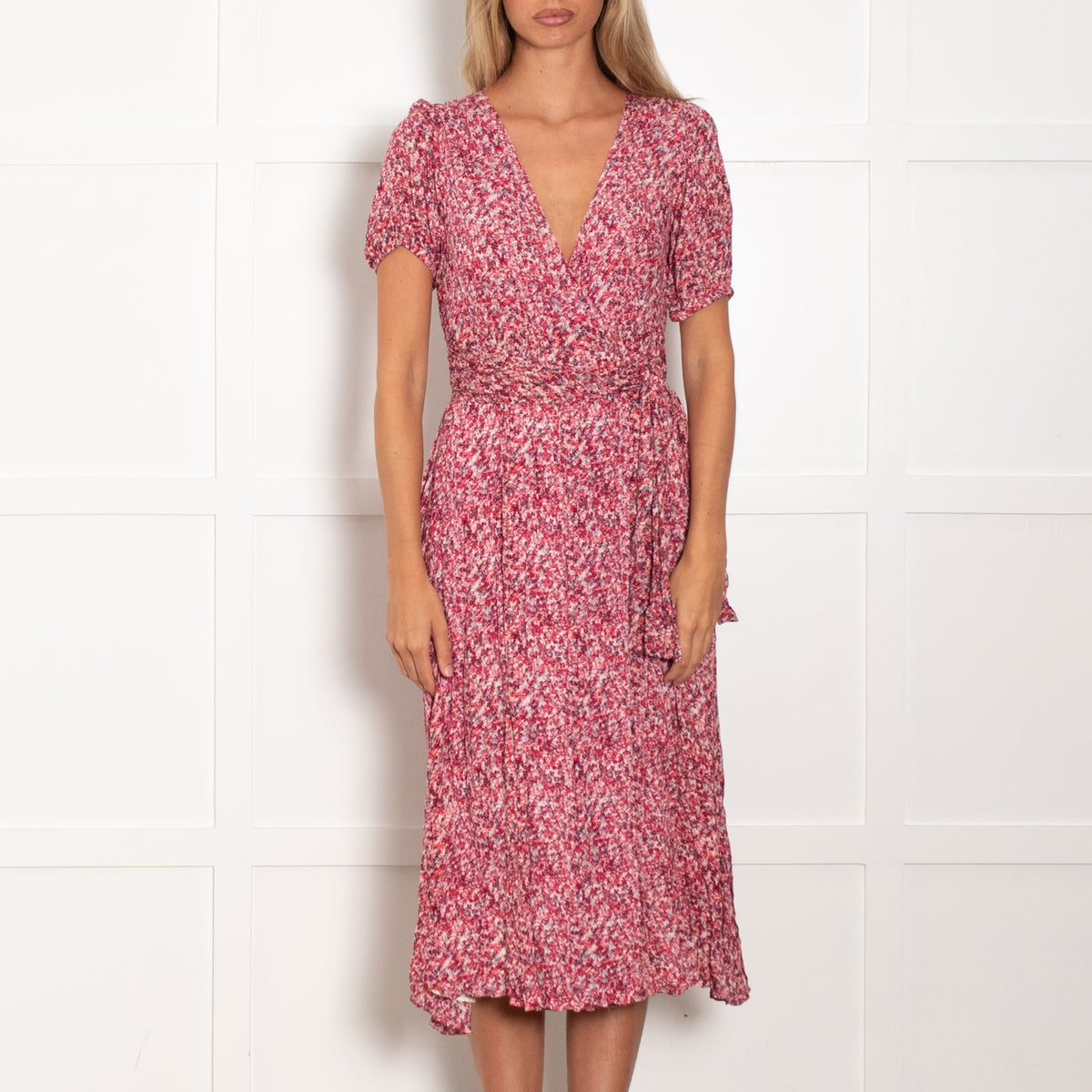 Ba&Sh Pink Red Ditzy Floral Wrap Short Sleeve Dress