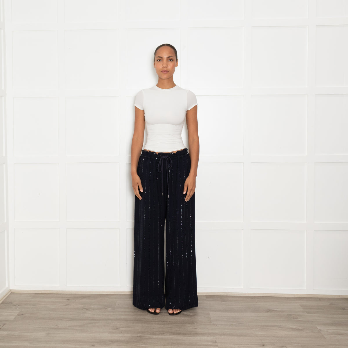 Self-Portrait Navy Rhinestone Wide Leg Trousers