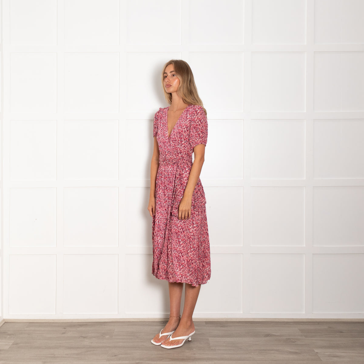 Ba&Sh Pink Red Ditzy Floral Wrap Short Sleeve Dress