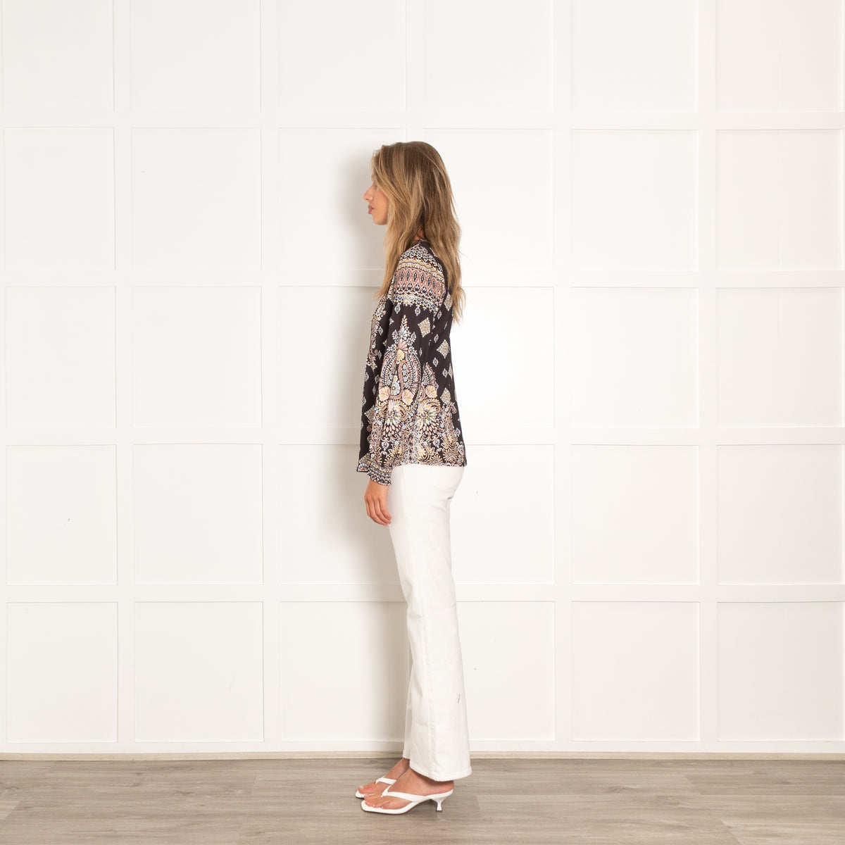 Hale Bob Black White Peach Floral Long Sleeve Top