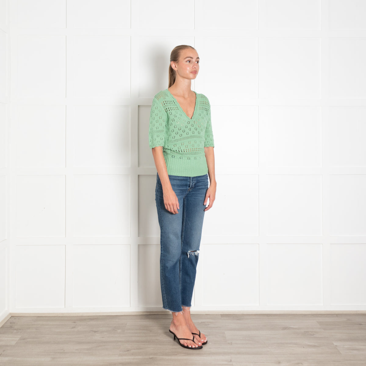 Sandro Sage Green Open Knit Short Sleeve Jumper