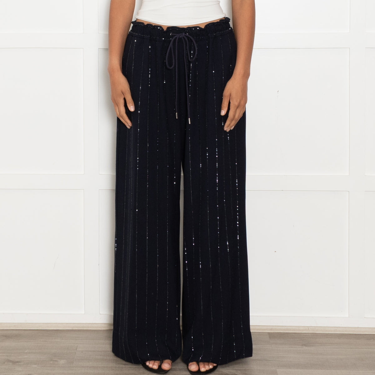 Self-Portrait Navy Rhinestone Wide Leg Trousers