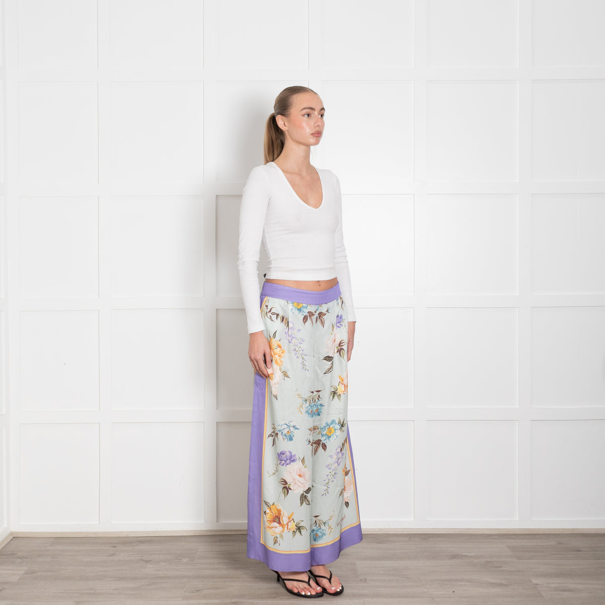 Self Portrait Purple Edge Light Turquoise Flower Mix Wide Trousers