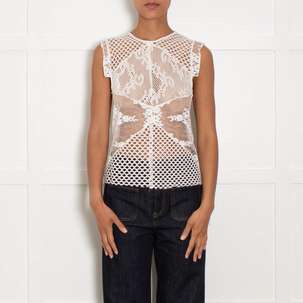 Sandro Cream Lace Detail Sleeveless Top