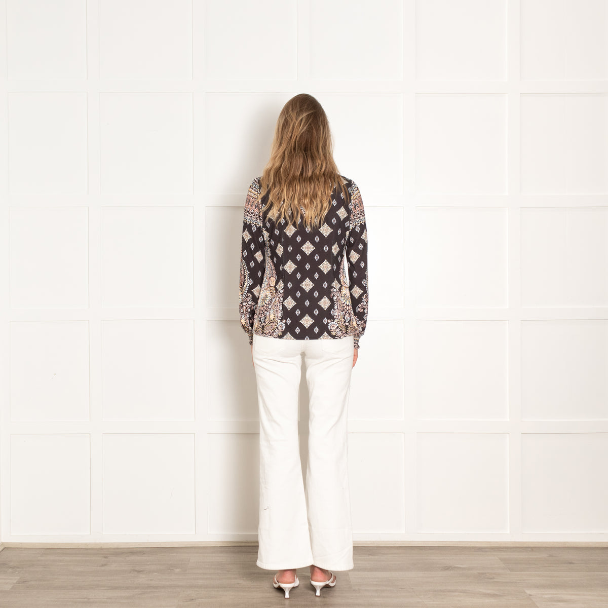 Hale Bob Black White Peach Floral Long Sleeve Top