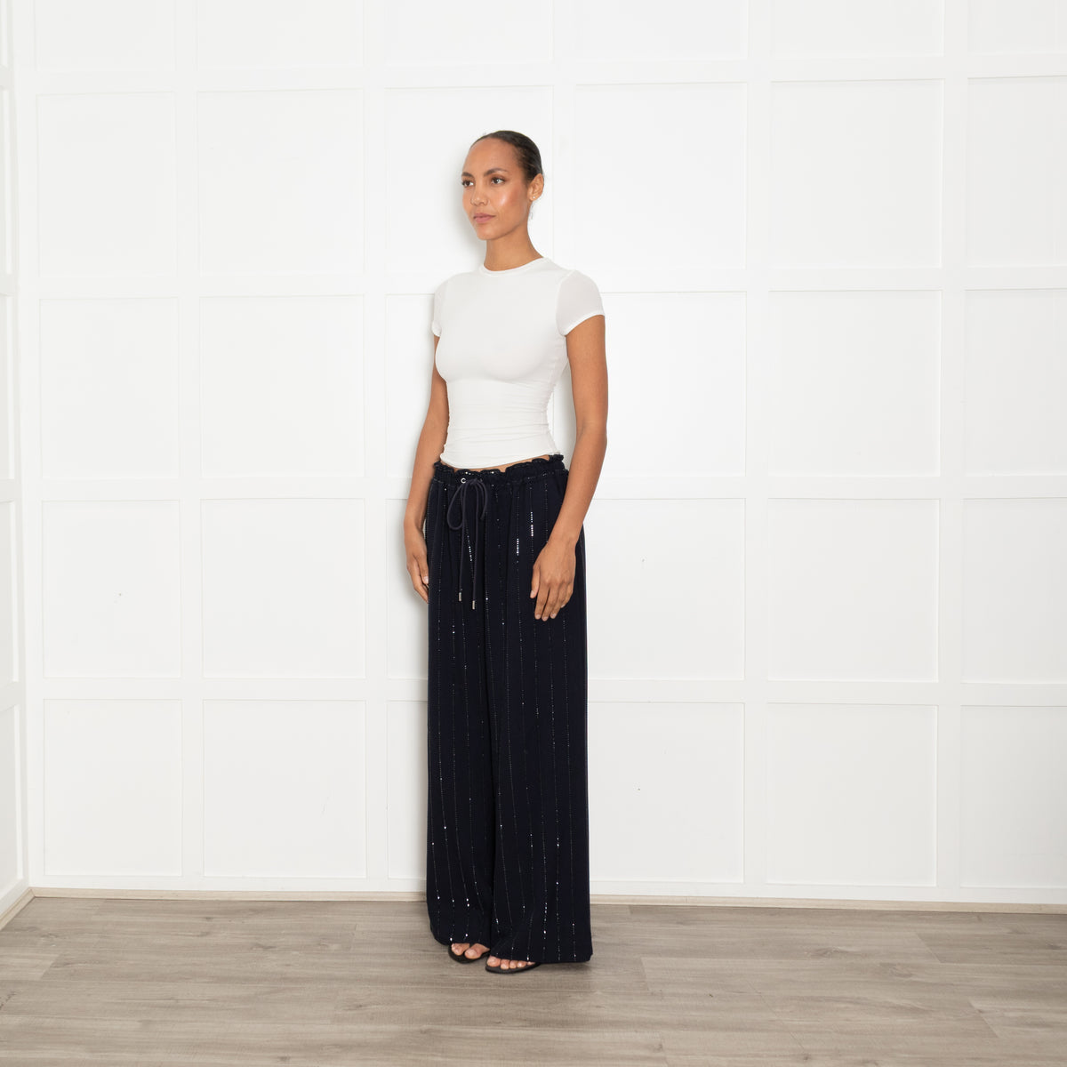 Self-Portrait Navy Rhinestone Wide Leg Trousers