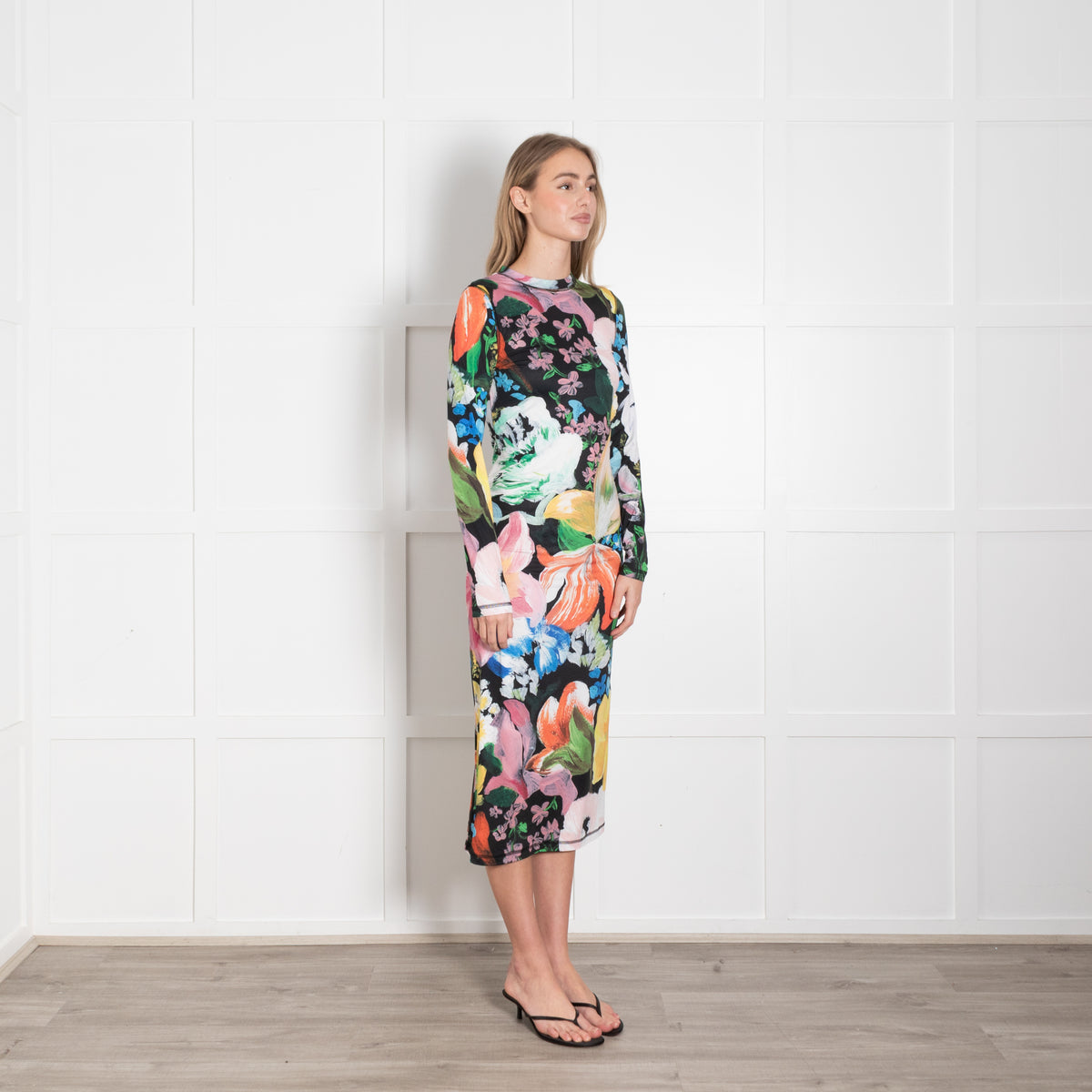 Stine Goya Black Multi Colour Floral Stretchy Long Dress