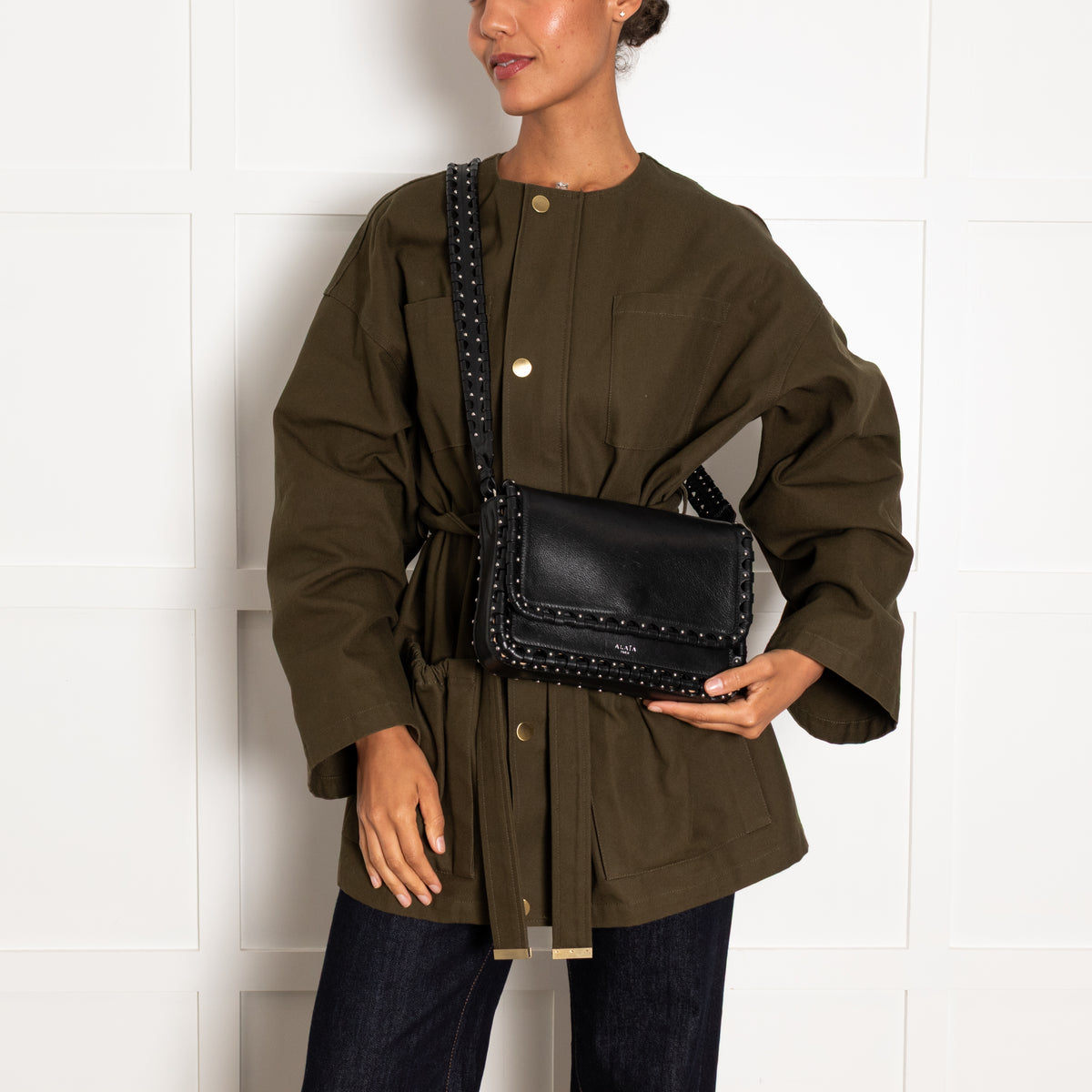 Alaia Black Leather Silver Stud Hinge Flap Crossbody Bag