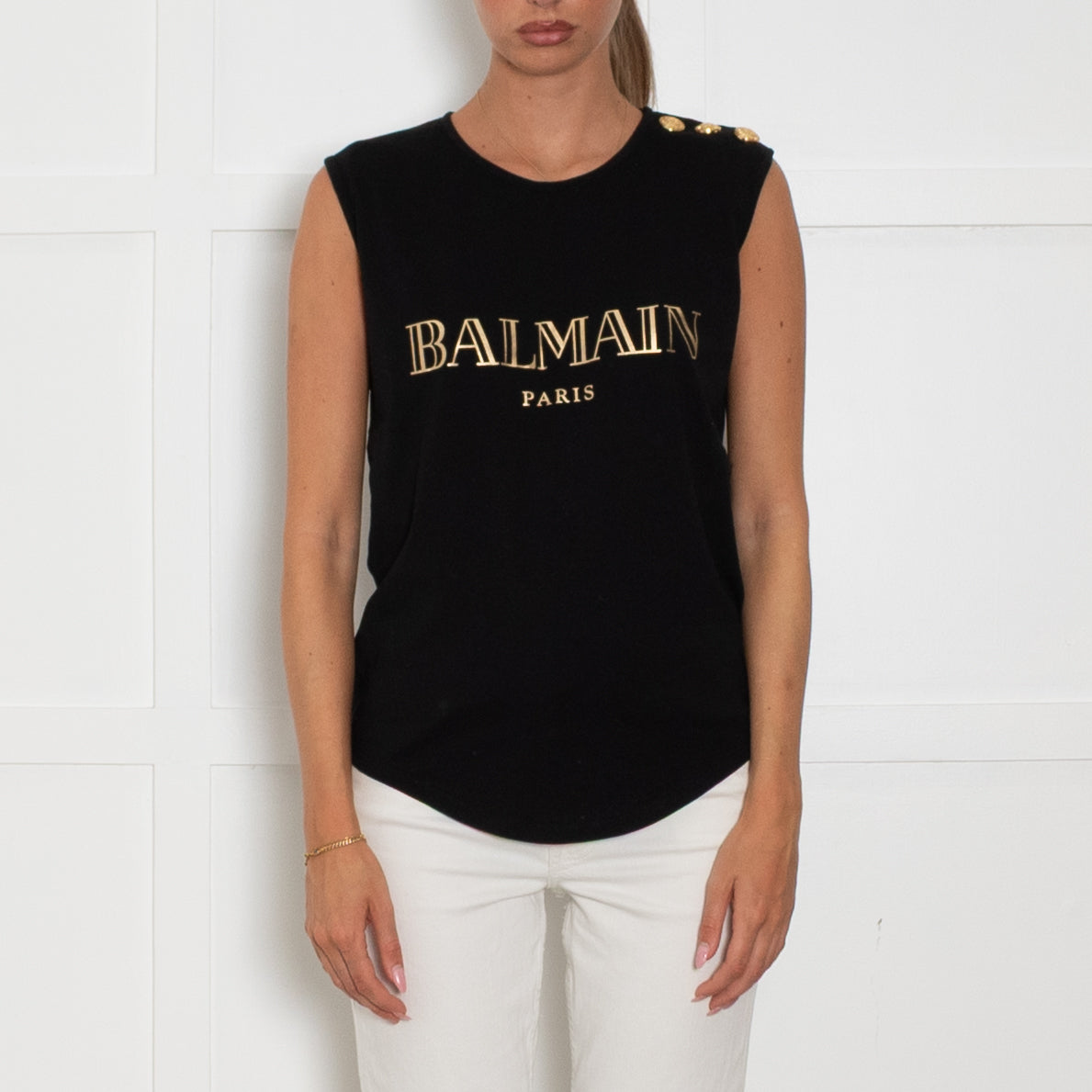 Balmain Sleeveless Gold Logo T-Shirt
