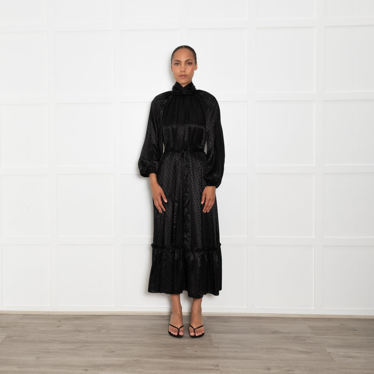 Zimmermann Black Silk High Neck Polka Dot Midi Dress