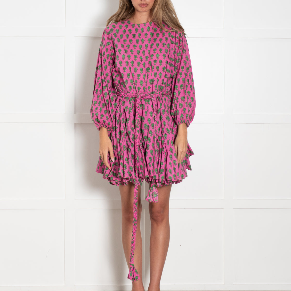 Rhode Resort Pink Green Floral Print Belted Sleeved Dress