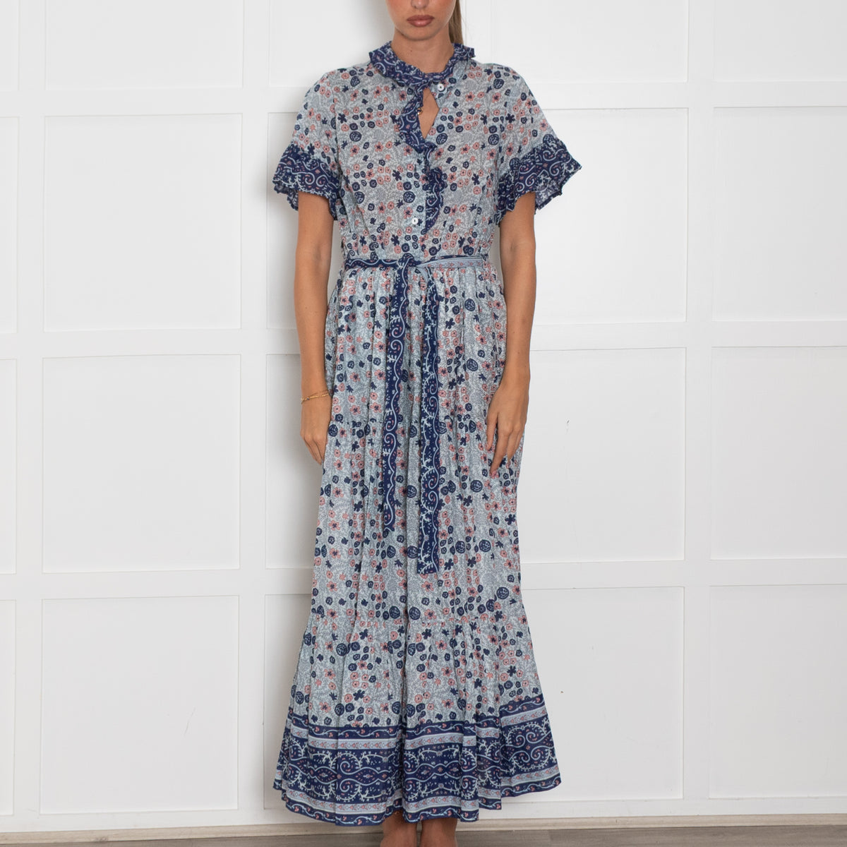 Mille Pale Blue Pink Floral Cotton Short Sleeve Maxi Dress