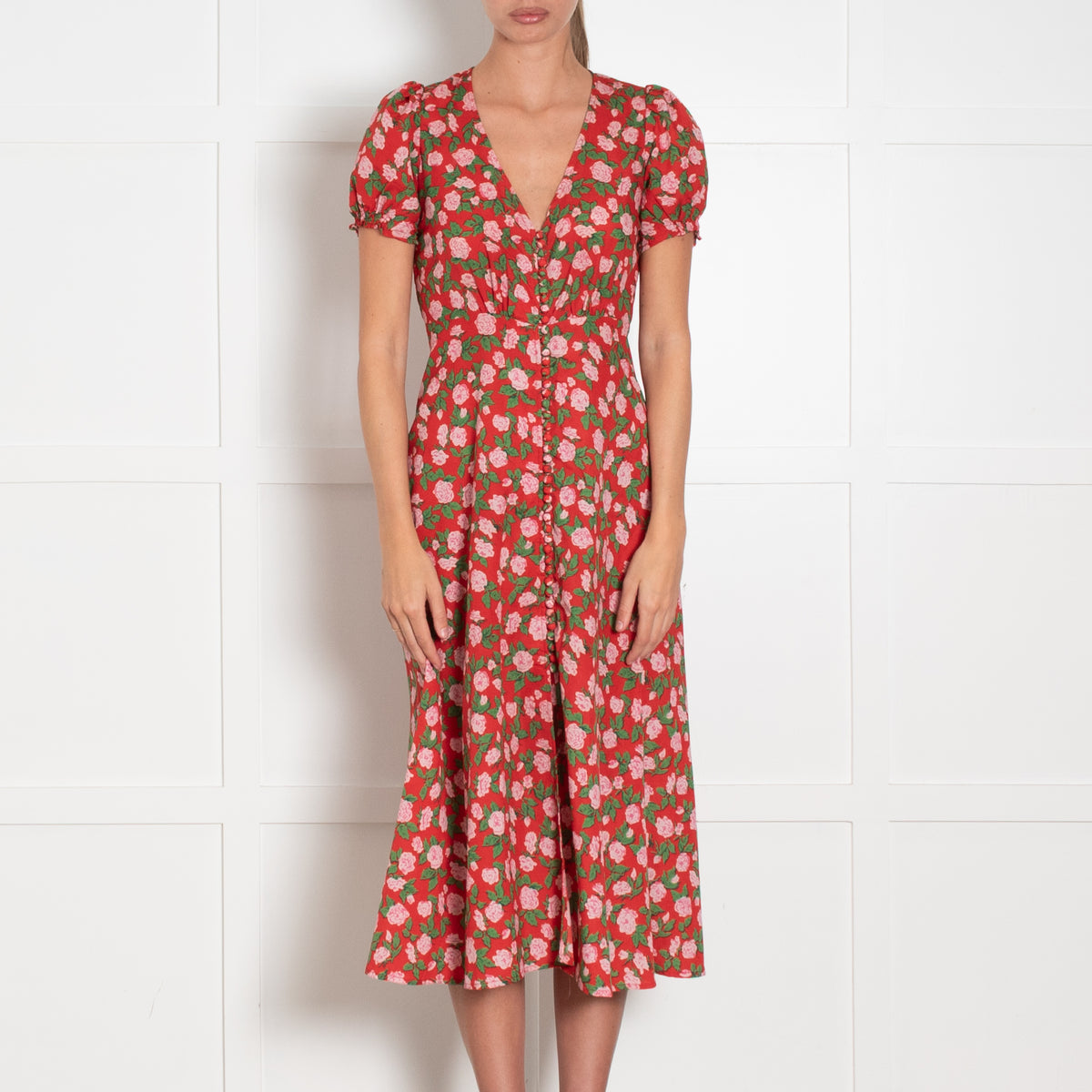The Kooples Red Pink Green Floral Front Button Midi Dress