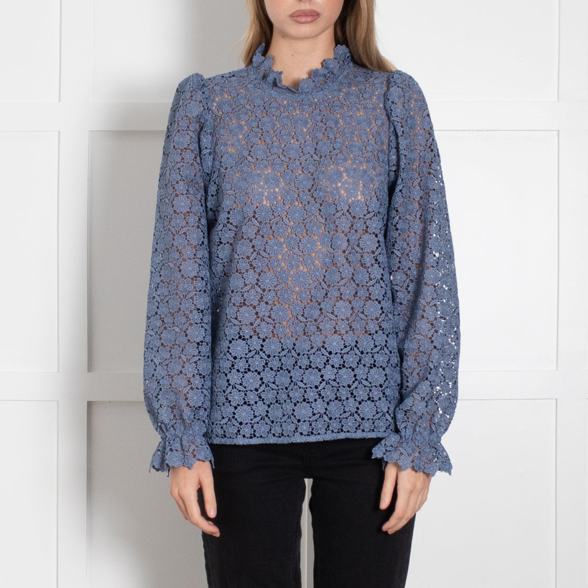 Sezane Blue Lace Ruffle Neck Top