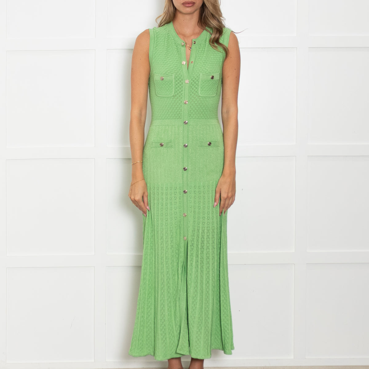 Sandro Green Lurex Knit Midi Dress with Gold Buttons