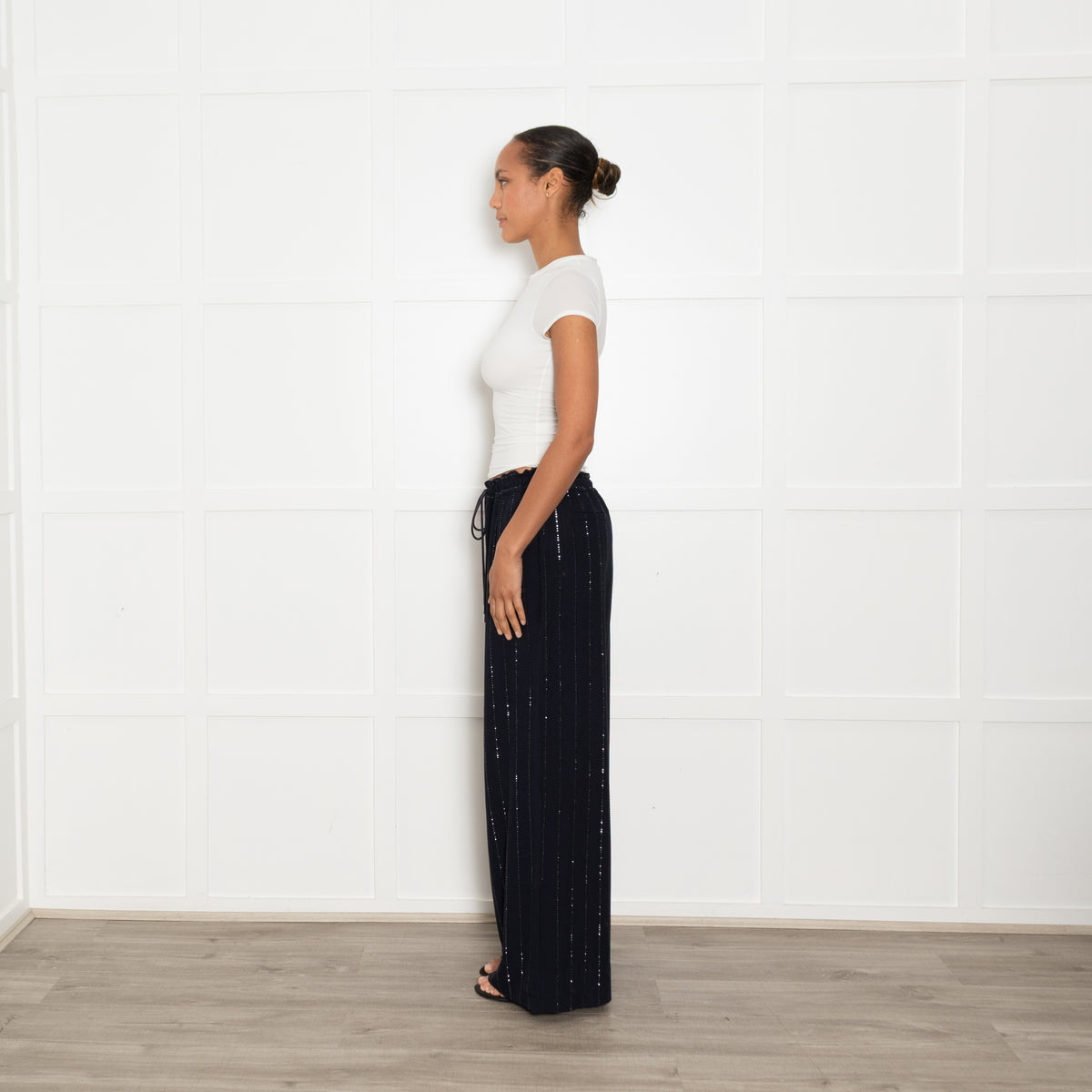 Self-Portrait Navy Rhinestone Wide Leg Trousers
