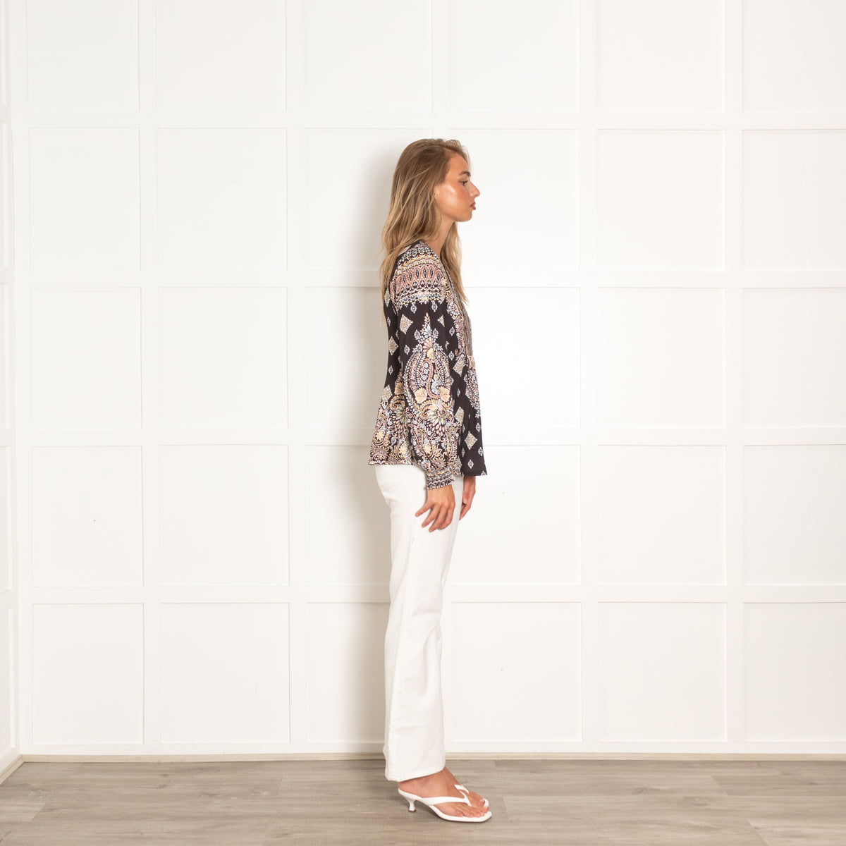 Hale Bob Black White Peach Floral Long Sleeve Top