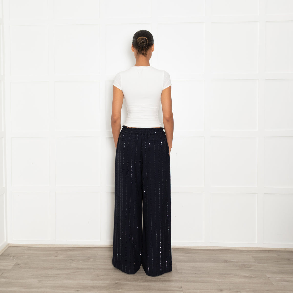 Self-Portrait Navy Rhinestone Wide Leg Trousers
