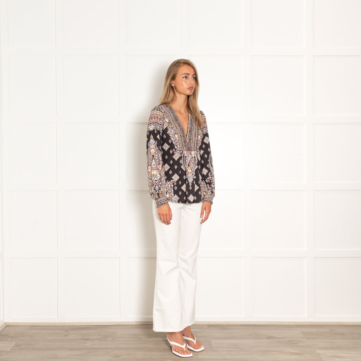 Hale Bob Black White Peach Floral Long Sleeve Top