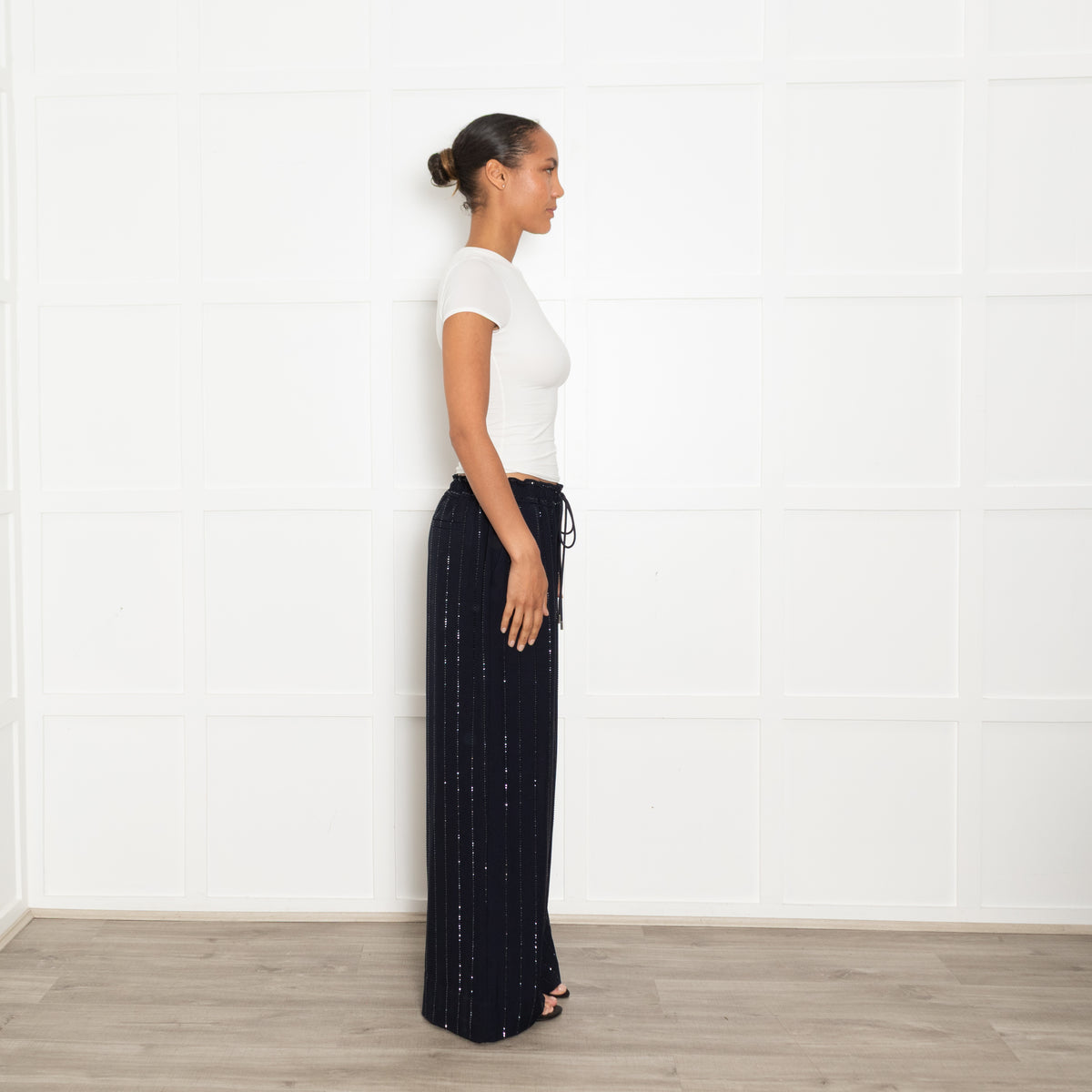 Self-Portrait Navy Rhinestone Wide Leg Trousers