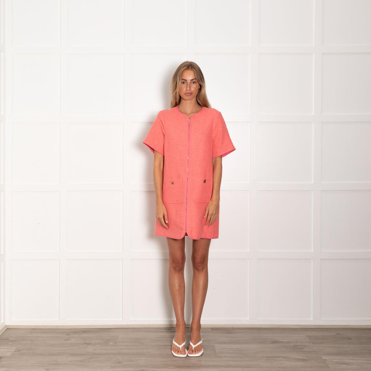 Me+Em Coral Pink Textured Shift Zip Gold Buttons Dress