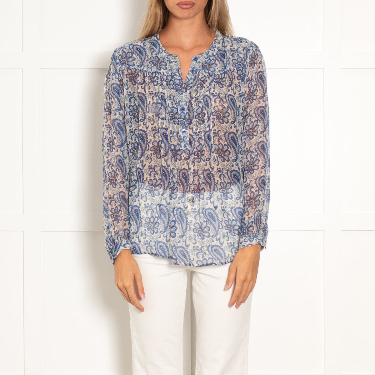 Moliin White Blue Paisley Sheer Long Sleeve Top