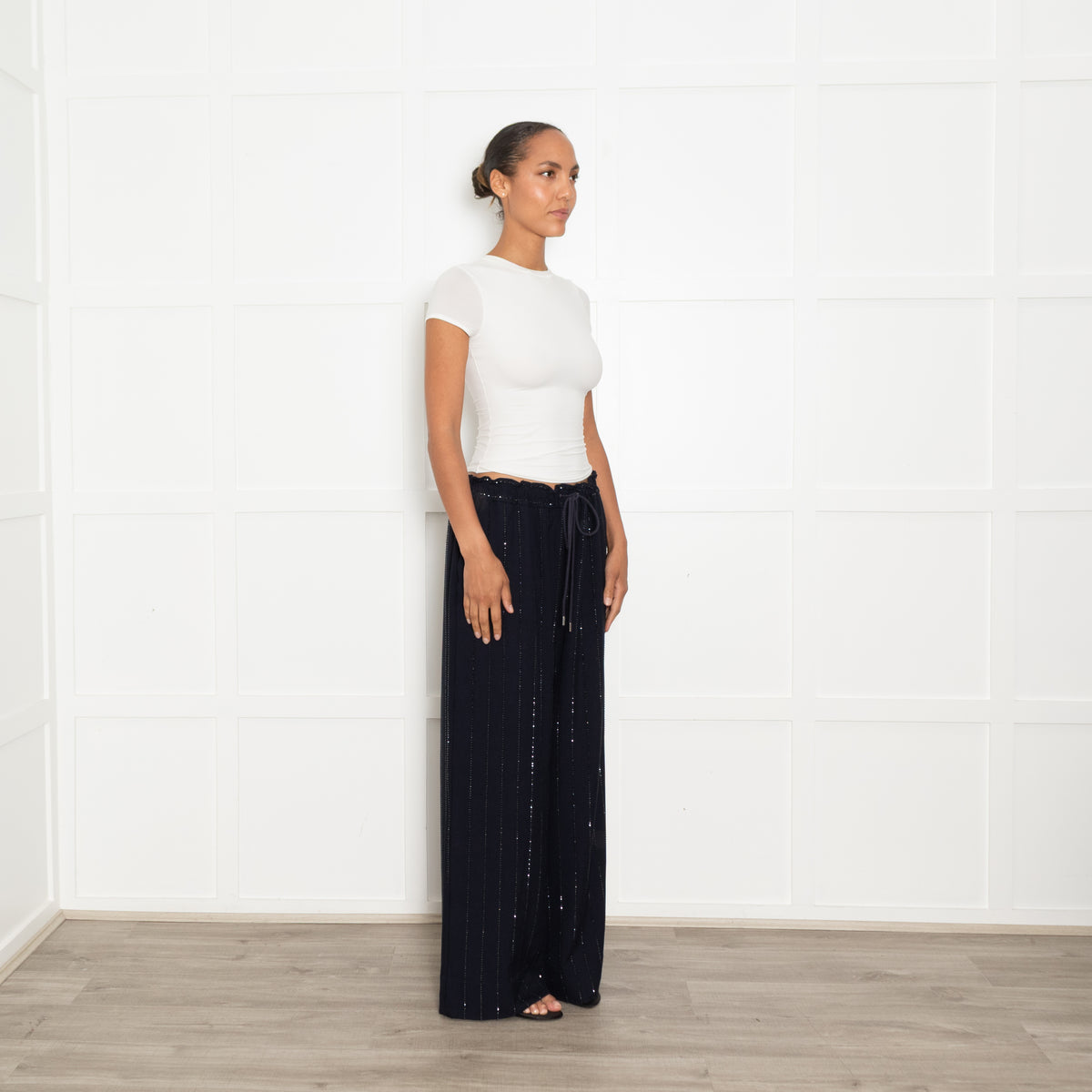 Self-Portrait Navy Rhinestone Wide Leg Trousers