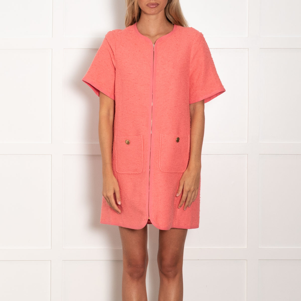 Me+Em Coral Pink Textured Shift Zip Gold Buttons Dress