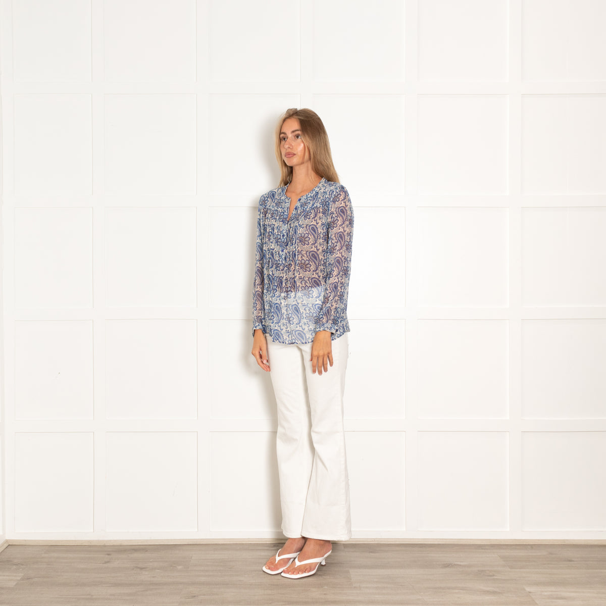 Moliin White Blue Paisley Sheer Long Sleeve Top