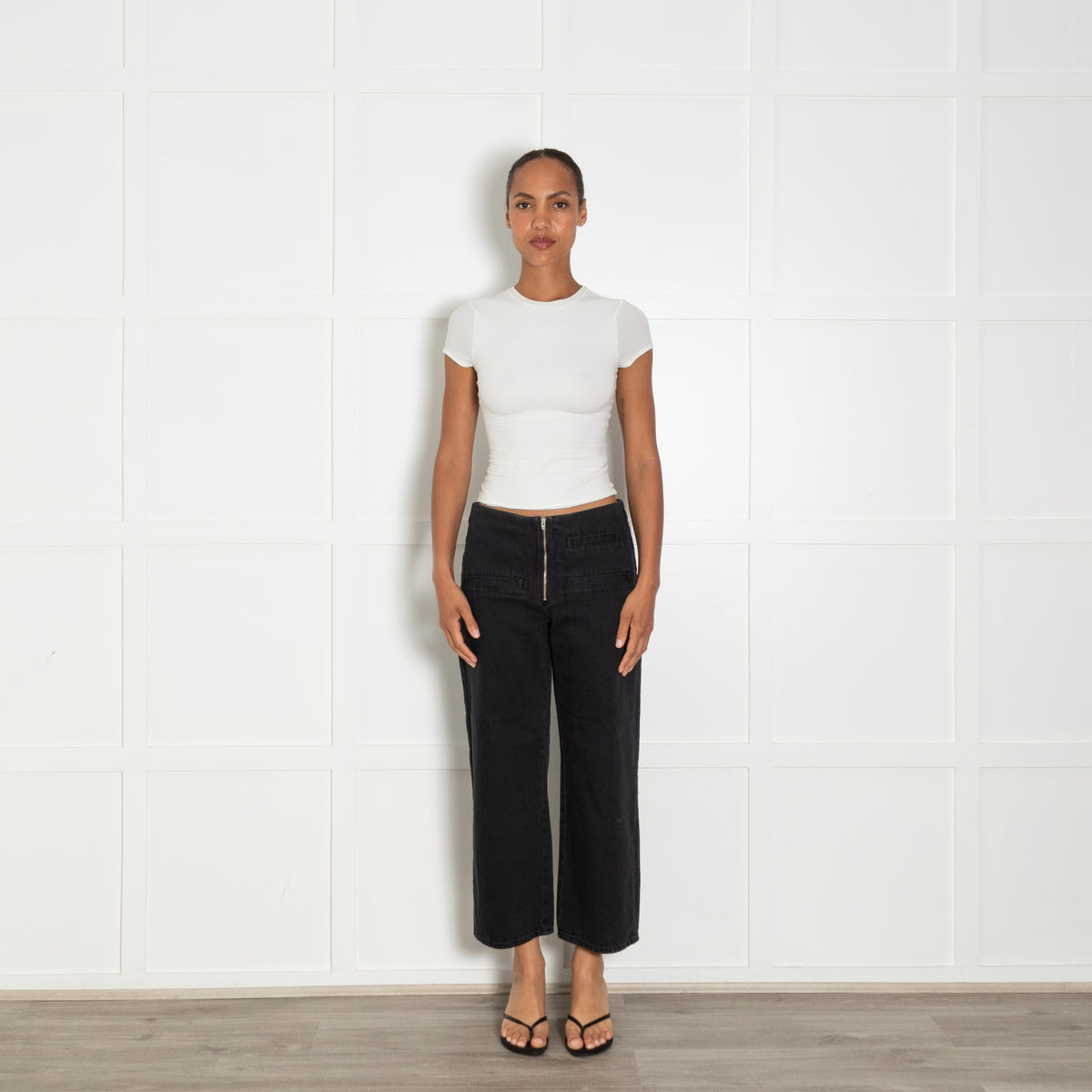Bimba Y Lola Black Denim Zip Front Detail Wide Leg Jeans