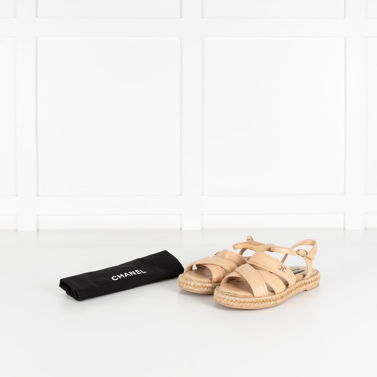 Chanel Beige Leather CC Espadrille Flat Sandals