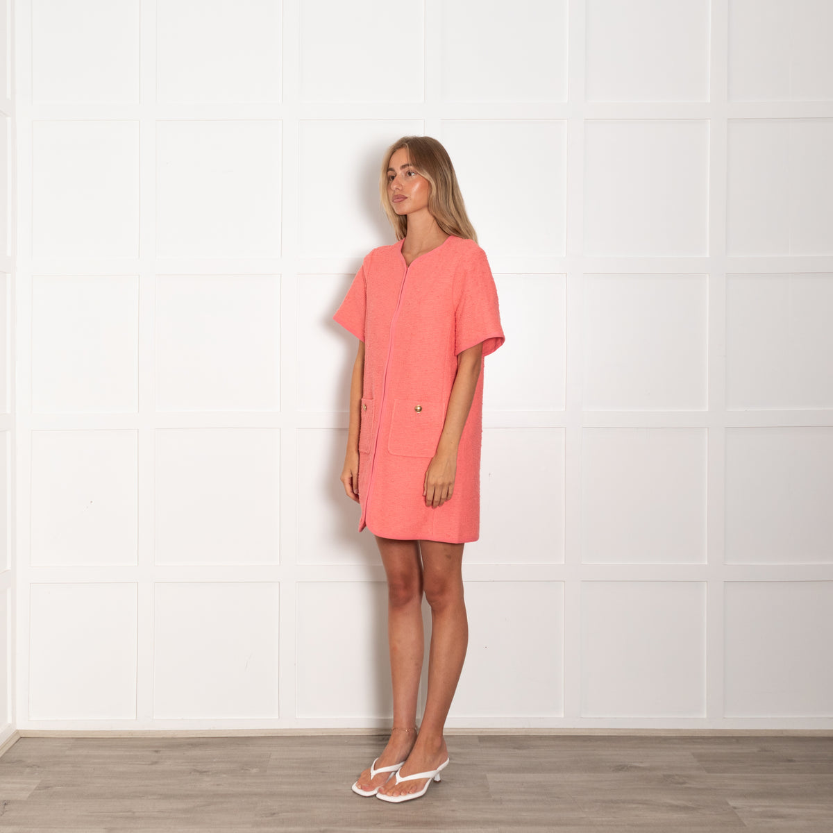 Me+Em Coral Pink Textured Shift Zip Gold Buttons Dress