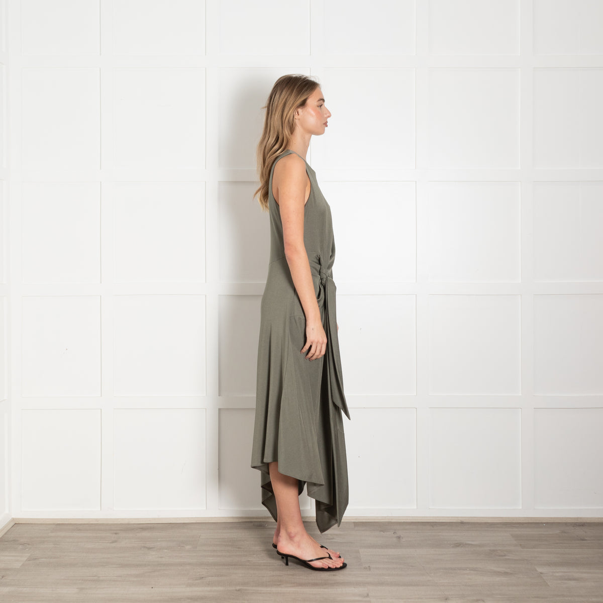 Bianca Spender Khaki Sleeveless Knot Side Detail Dress