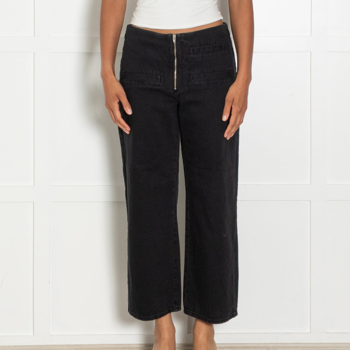 Bimba Y Lola Black Denim Zip Front Detail Wide Leg Jeans