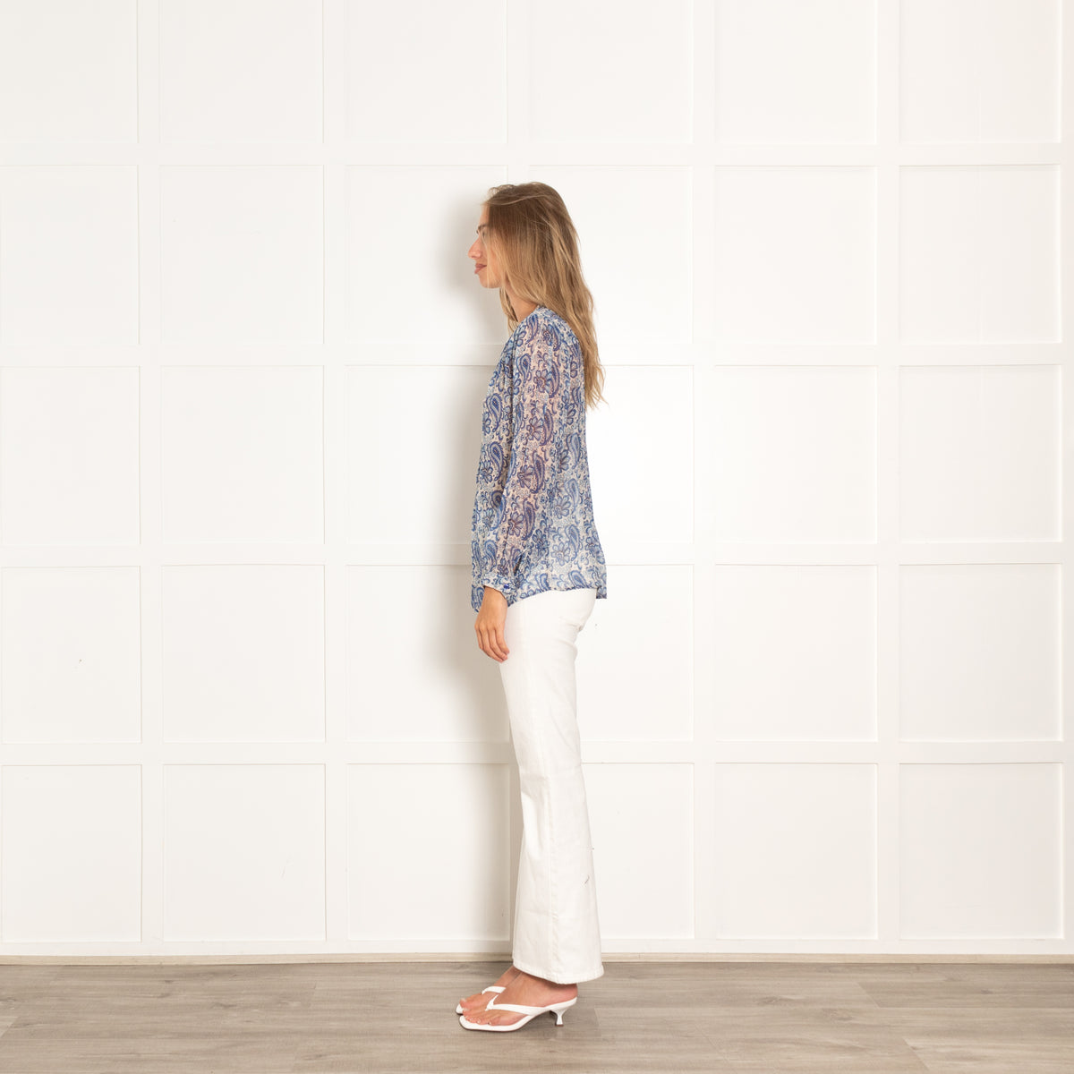 Moliin White Blue Paisley Sheer Long Sleeve Top