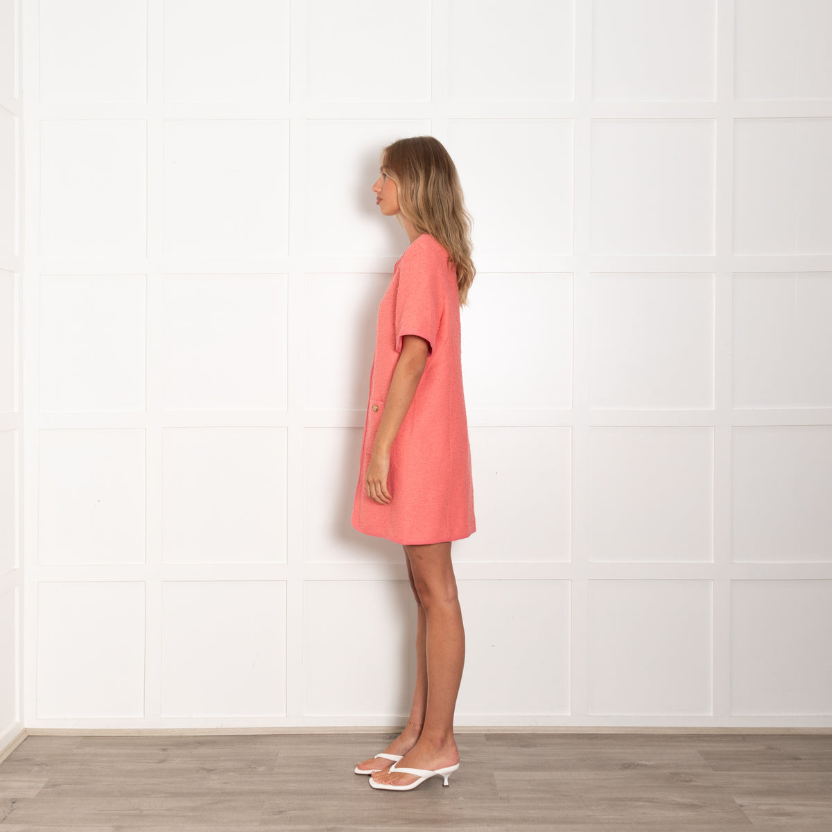 Me+Em Coral Pink Textured Shift Zip Gold Buttons Dress