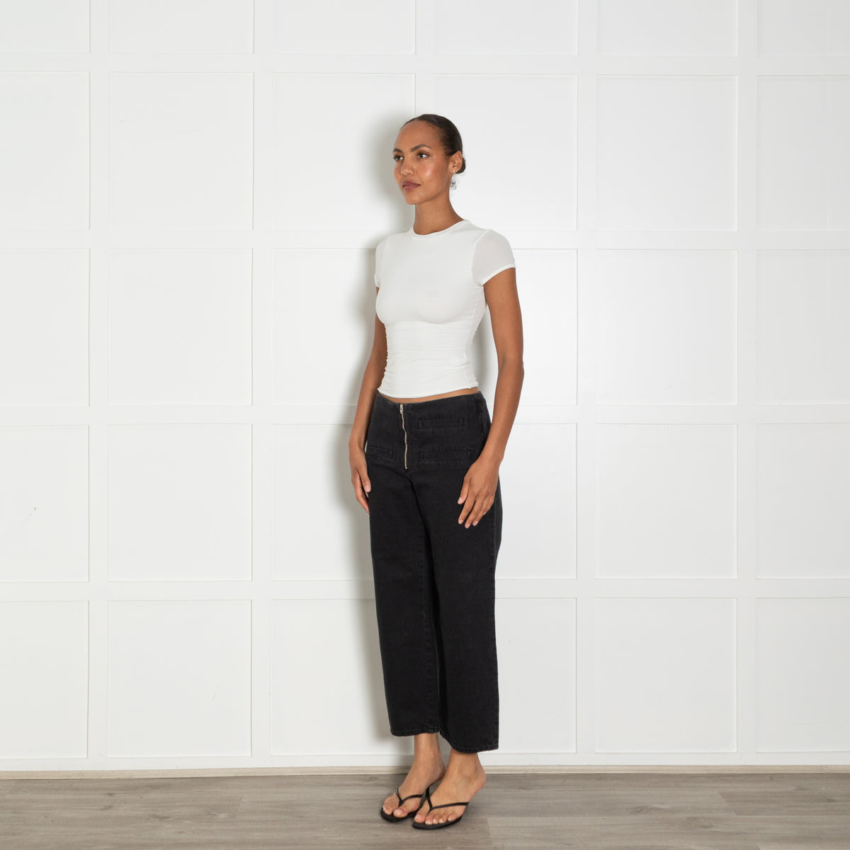 Bimba Y Lola Black Denim Zip Front Detail Wide Leg Jeans