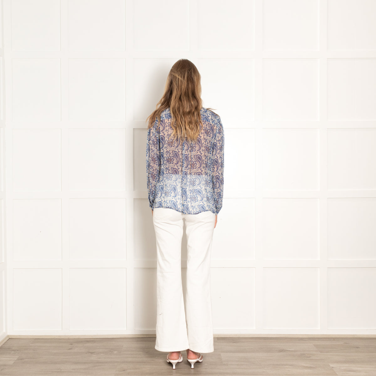 Moliin White Blue Paisley Sheer Long Sleeve Top
