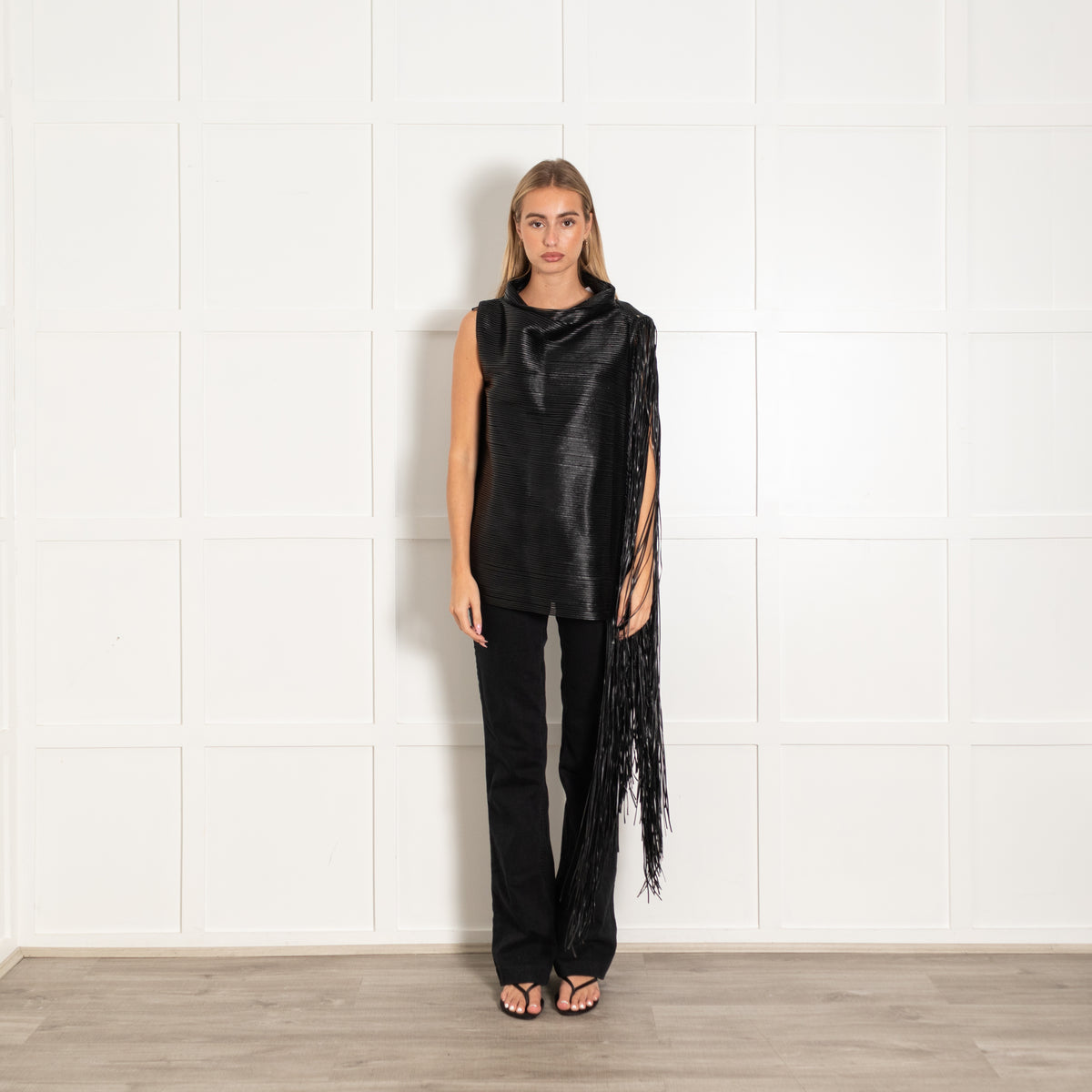 Sportmax Black Faux Leather Fringed Sleeveless Top