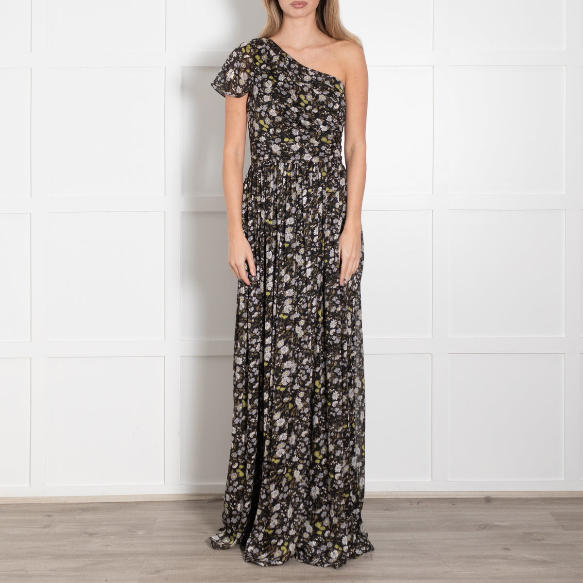 Mikael Aghal Black White Floral One Shoulder Maxi Gown