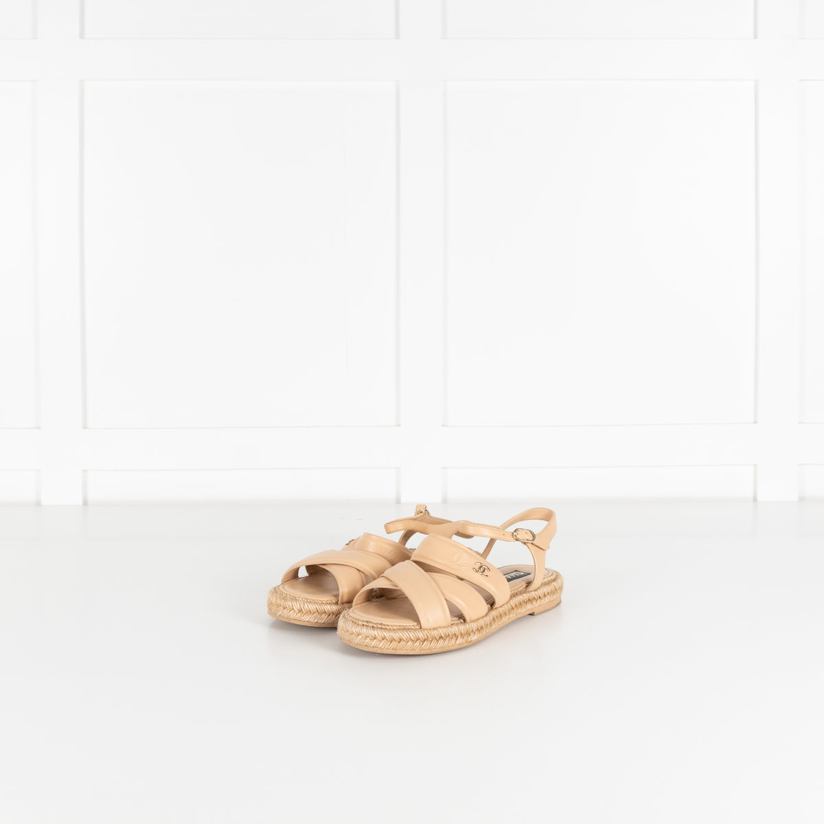 Chanel Beige Leather CC Espadrille Flat Sandals