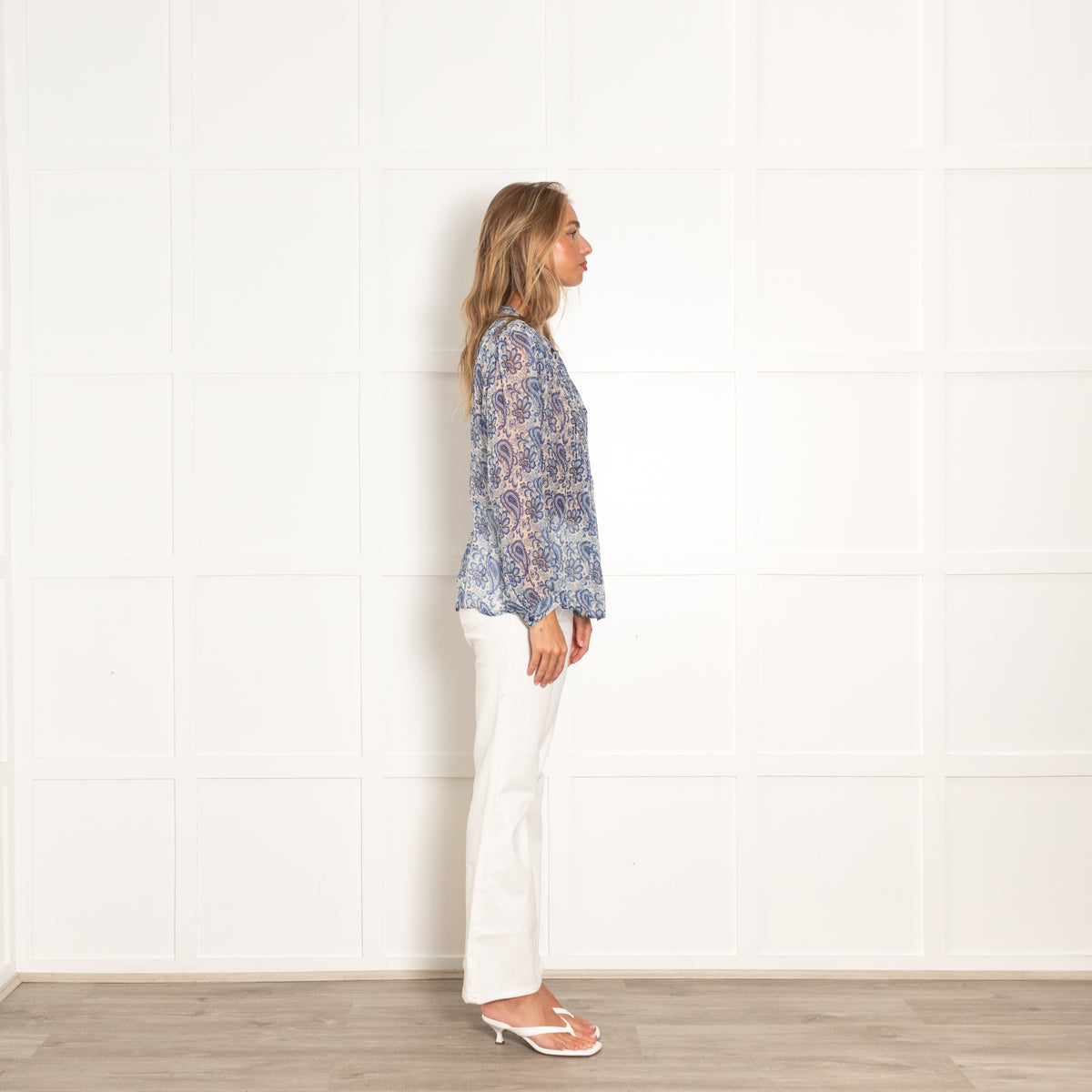 Moliin White Blue Paisley Sheer Long Sleeve Top