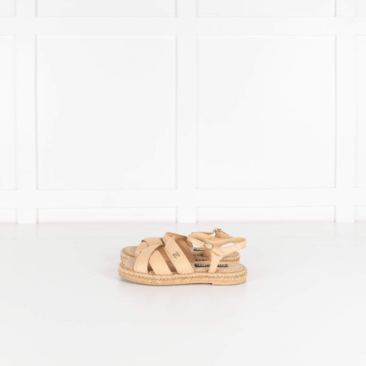 Chanel Beige Leather CC Espadrille Flat Sandals