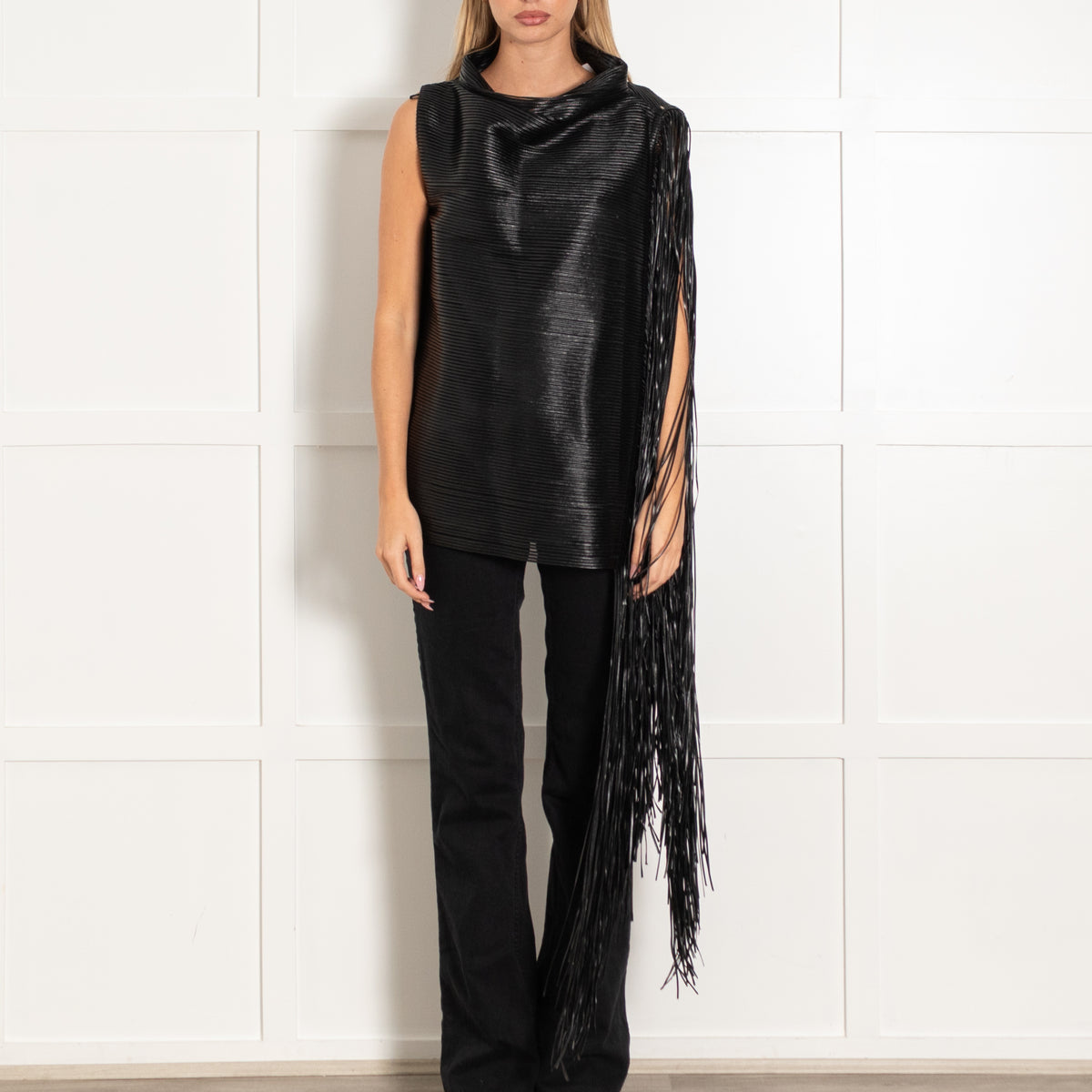 Sportmax Black Faux Leather Fringed Sleeveless Top