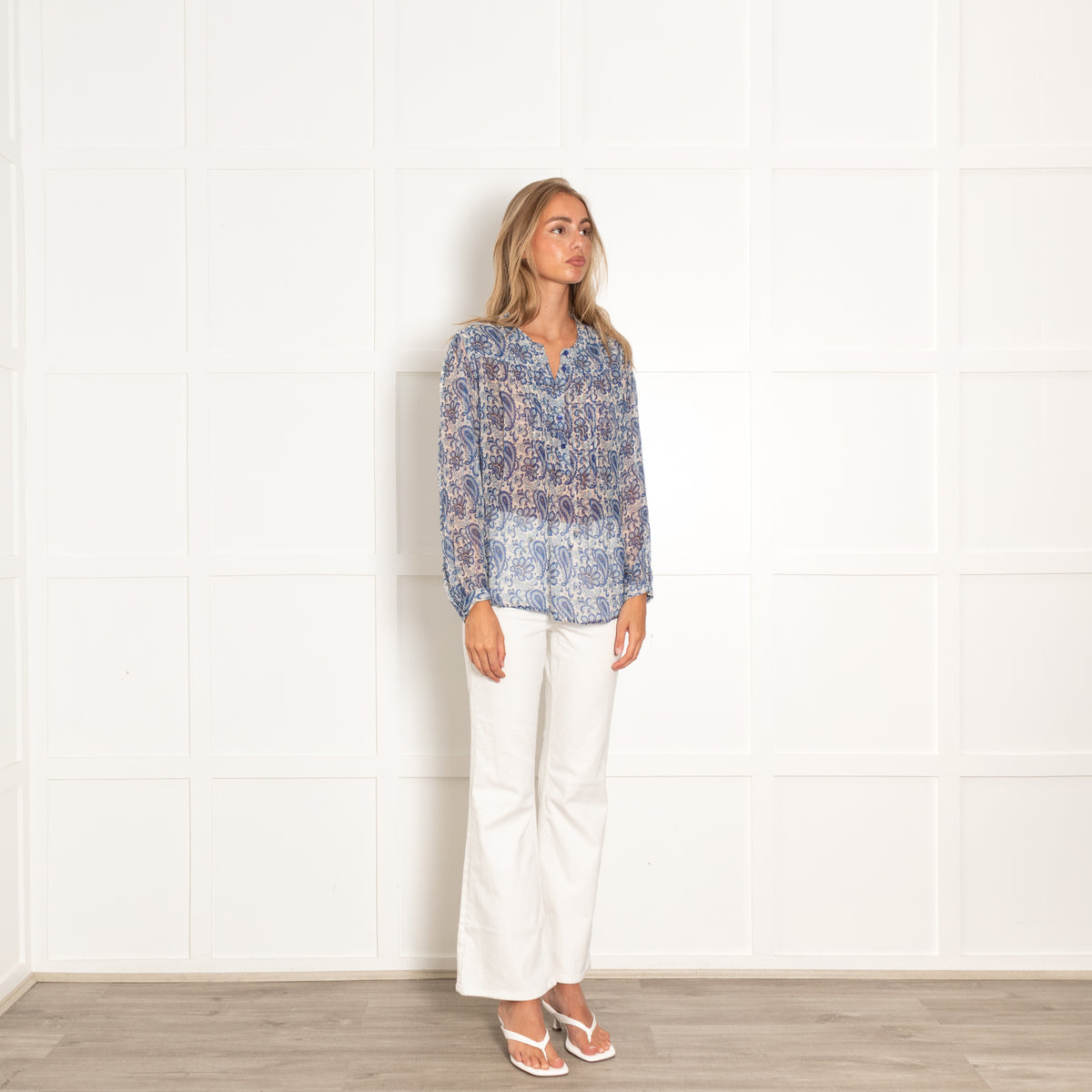 Moliin White Blue Paisley Sheer Long Sleeve Top